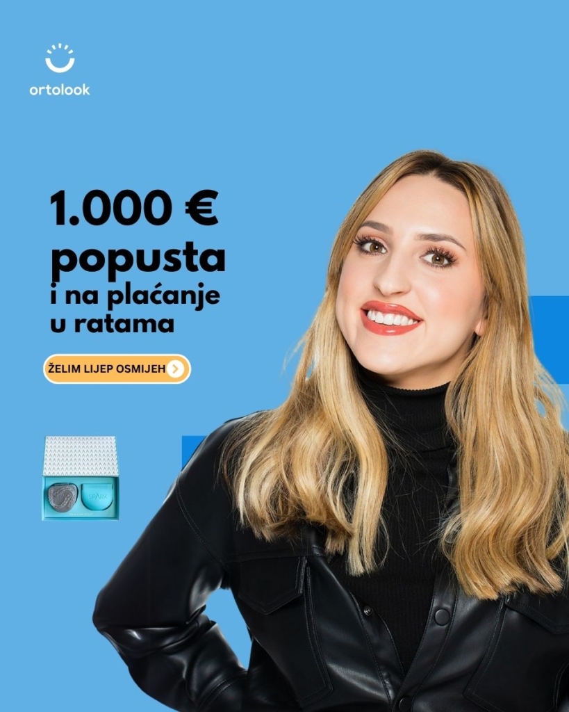 Ortolook pacijentica nakon završene terapije ponosno pokazuje svoj osmijeh i popust od 1.000€ za sve nove Spark pacijente