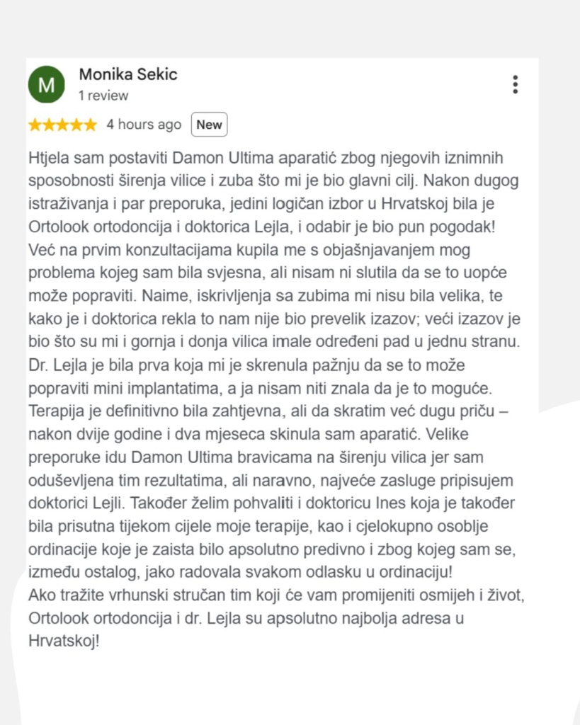 Recenzija-pacijent-Ortolook-Ortodoncija-Samoligirajuci-aparatic-Damon-Ultima